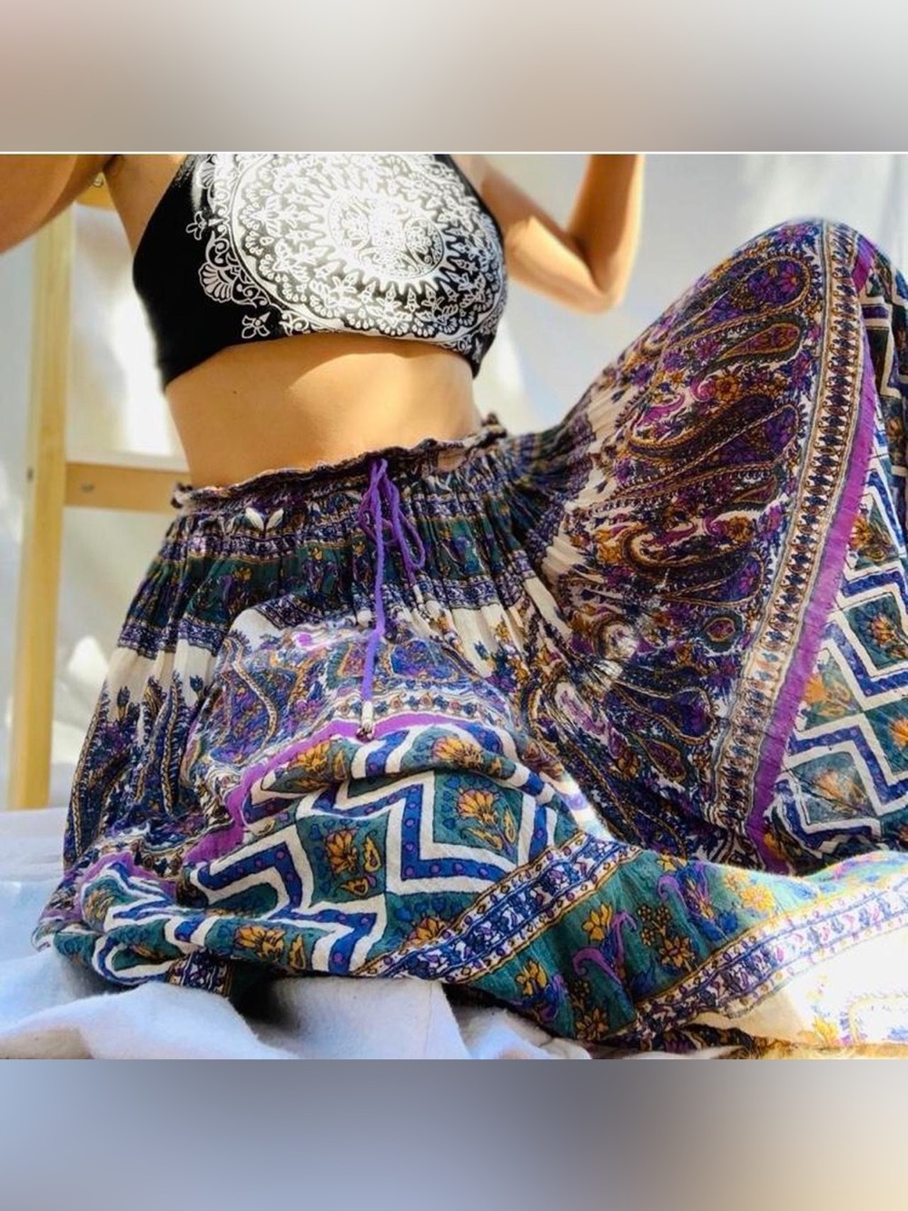 RARE 70s vintage Indian gauze cotton paisley boho maxi skirt hippie tassel tie